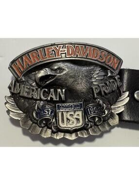 1992 Harley Davidson Baron American Pride Belt Buckle H417 USA + HD Leather Belt